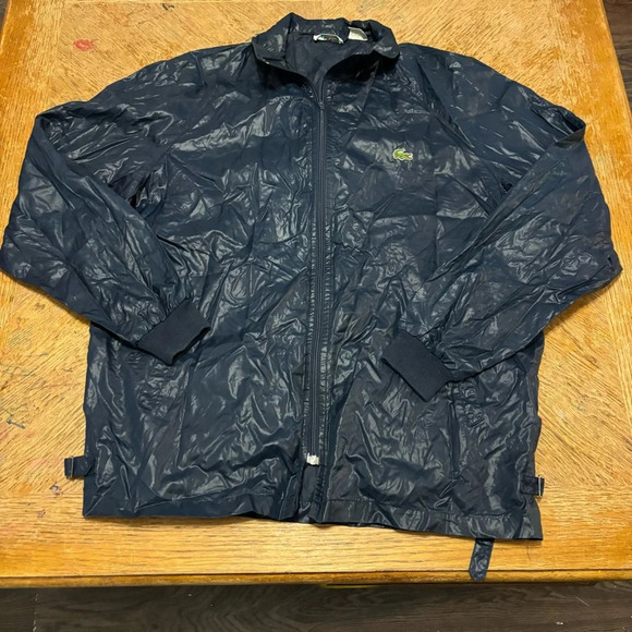 Vintage Lacoste Club Navy Blue Hooded Windbreaker Rain Jacket Nylon Mens Large - Picture 1 of 6